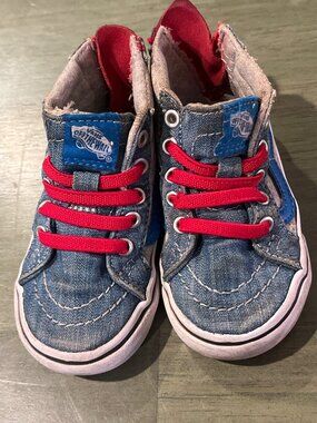 Vans Sk8-Hi Denim Toddler Sneakers With Red Laces & Side Zippers - Blue/White So